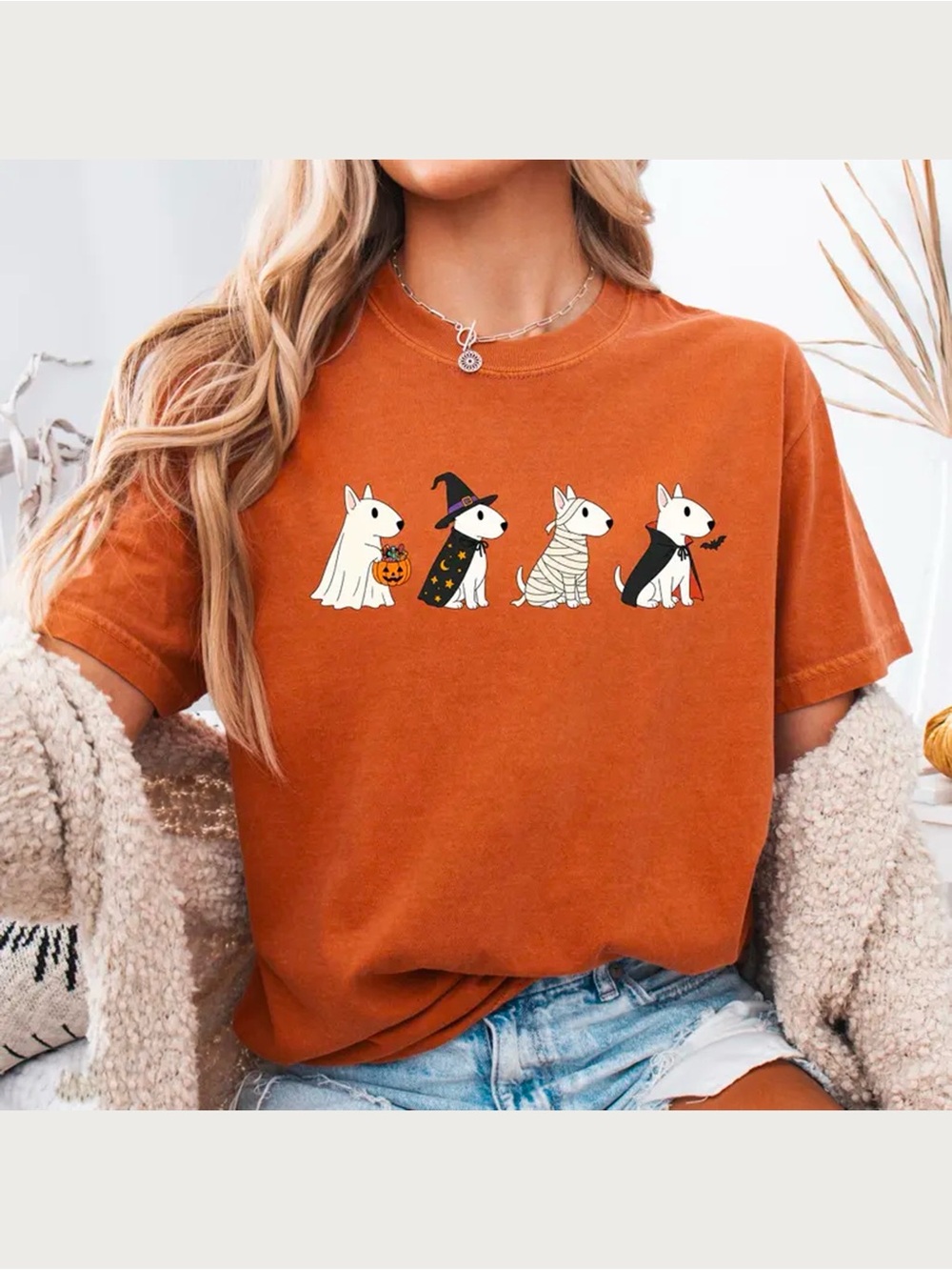 Halloween Bull Terrier Dog Costumes Orange Comfort Colors T-Shirt - Picture 2 of 3